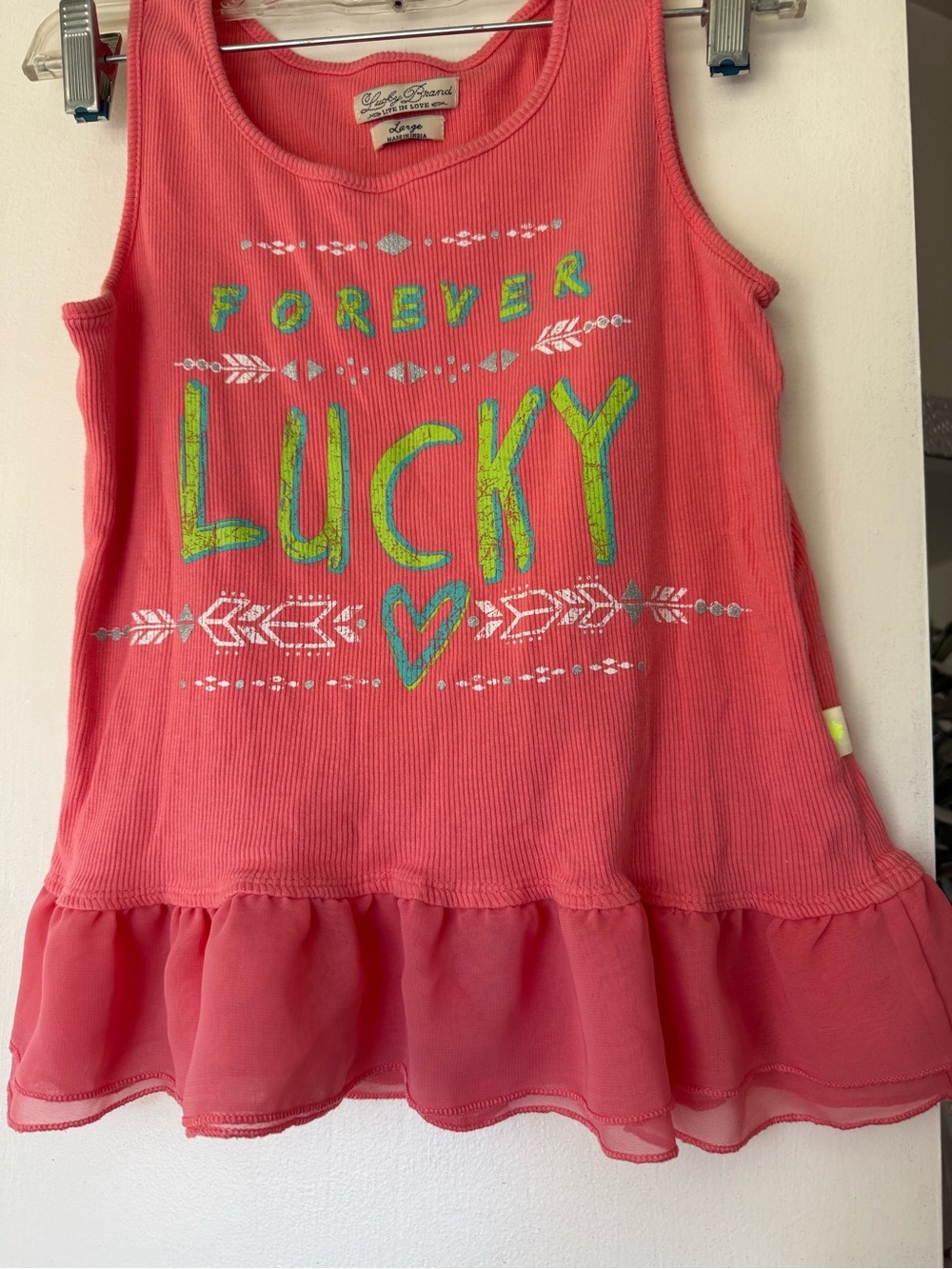 Lucky Brand Coral Tank Top with Green & Blue distressed brand Graphic